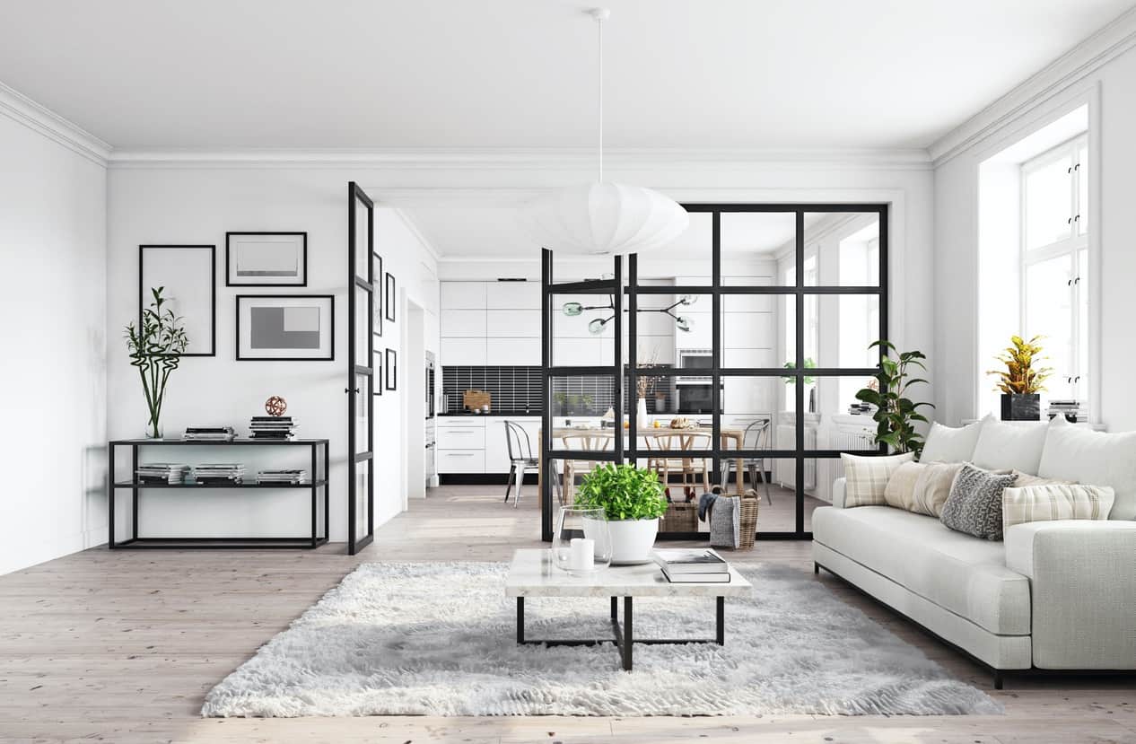 Modern White Interior Living Space Bright white painted open-concept interior with cream sofa, black steel room divider, light wood flooring, and white ceiling