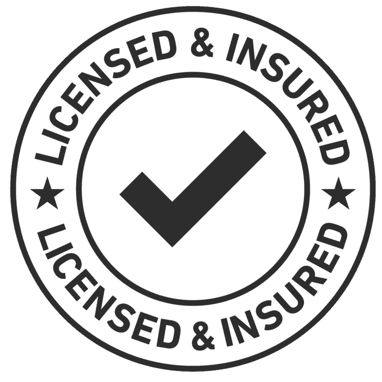 Round white certification badge with black border, checkmark icon, and licensed and insured text
