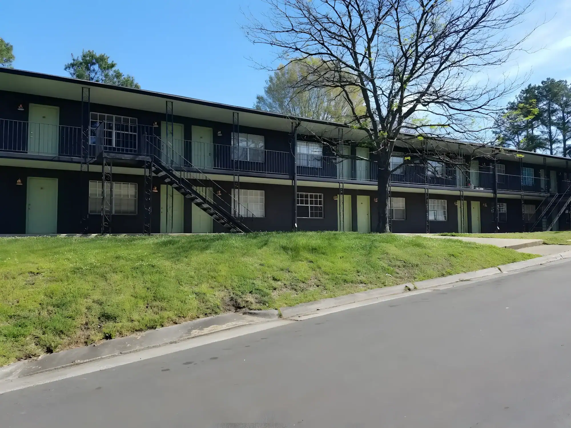 Black Exterior Multi-Unit Residential Building Black-painted two-story residential building with sage green accents and metal railings on hillside setting