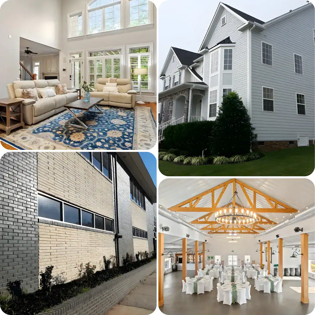 Interior And Exterior Residential Painting Cream-painted two-story home with white horizontal siding, black roof, and manicured landscaping in Raleigh, NC